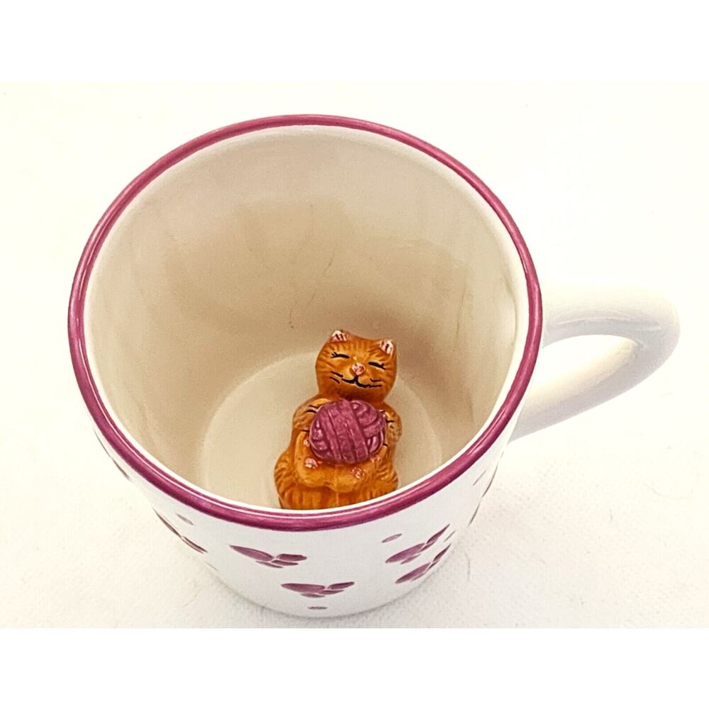 Mug/Cup-Lotus-Ceramic Kitten Inside-White-Purple Trim-1998-Novelty-Cat Lover-8oz